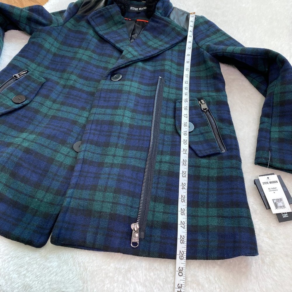 Steve Madden Women's Wool Blend Plaid Coat with Fur Trim, Green/Navy, Size M - Picture 5 of 10